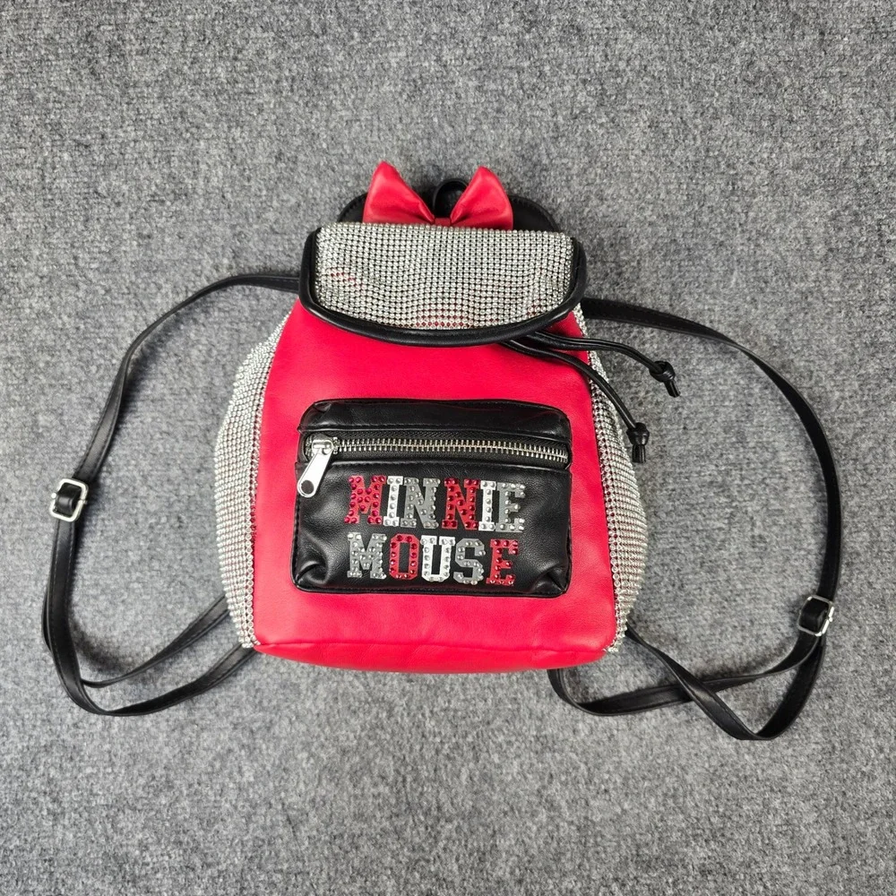 Disney Minnie Mouse Rhinestone Mini Backpack Red Black Bow Ears Bling Bag